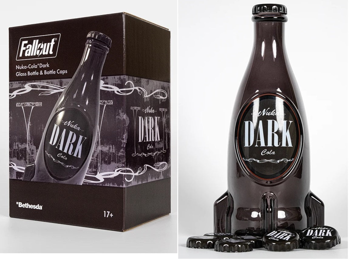 Fallout Nuka Cola Dark Glass Bottle + 10 Bottle Caps Tin Rocket