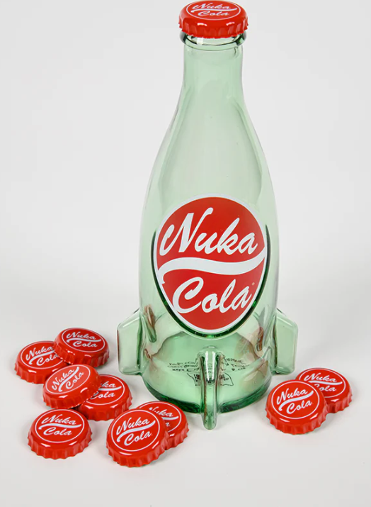 Fallout Nuka Cola Glass Bottle + 10 Bottle Caps Rocket Replica Figure