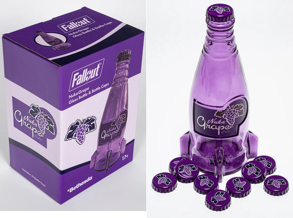 Fallout Nuka Cola Grape Purple Glass Bottle + 10 Caps Tin Rocket Statue Figure