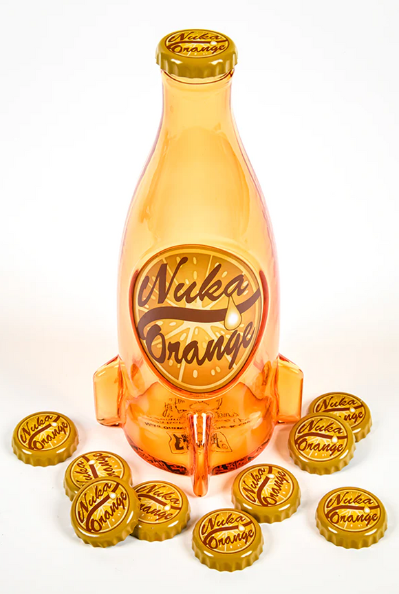 Fallout Nuka Cola Orange Glass Bottle + 10 Bottle Caps Tin Rocket Statue Figure